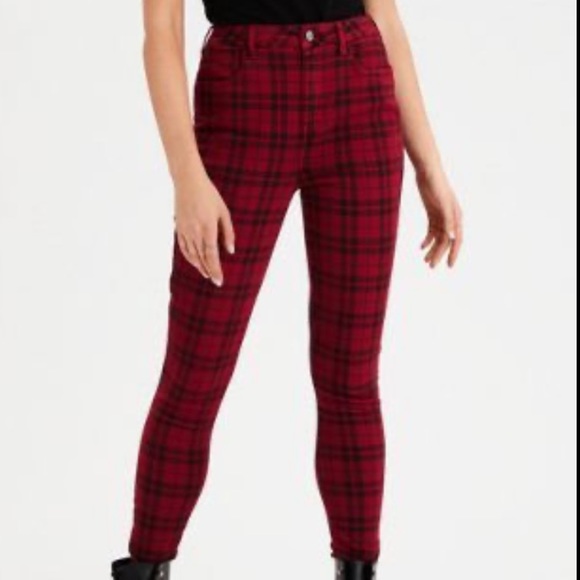 American Eagle Outfitters Denim - american eagle // red plaid skinny jeans